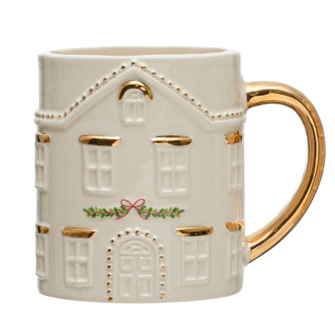 16 oz. Hand-Painted Stoneware House Mug w/ Gold Electroplating, Multi Color