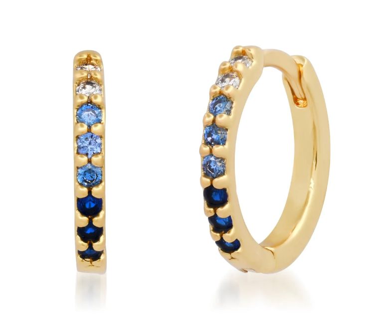 Tai Blue ombre CZ huggies - Brass ; Blue Ombre CZ; Dimension: length 12.5mm, outer 13.3mm, width 1.7mm