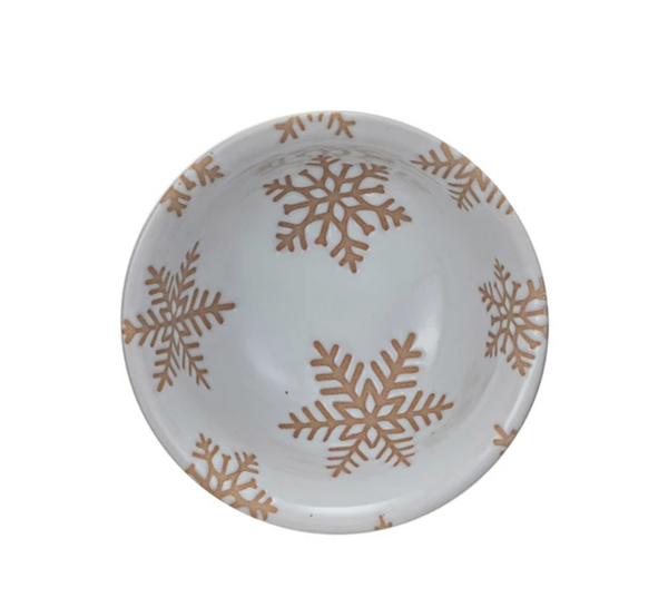 Stoneware Bowl w/ Wax Relief Snowflakes, Reactive Glaze, White (Each One Will Vary)