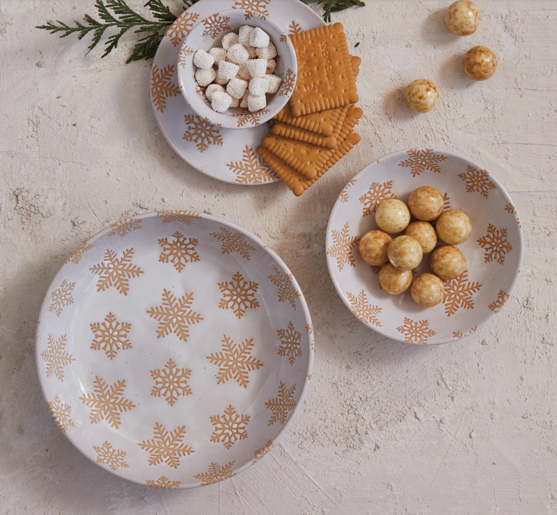 Stoneware Bowl w/ Wax Relief Snowflakes, Reactive Glaze, White (Each One Will Vary)