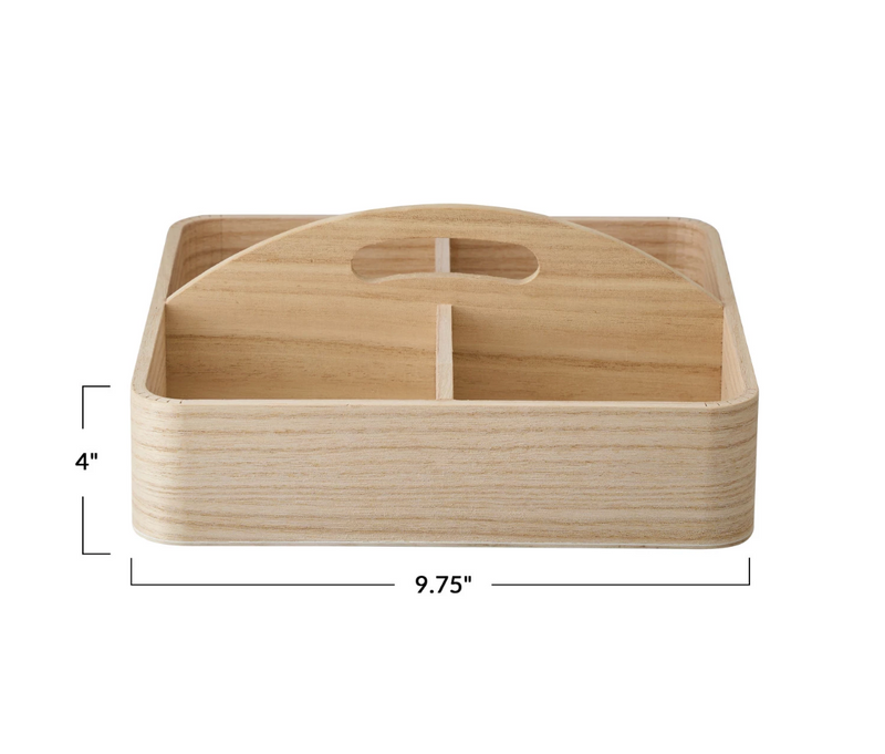 Paulownia Wood Container w/ 4 Sections & Handle, Natural