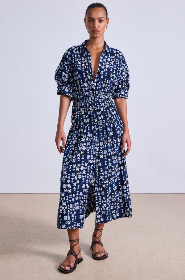 Apiece Apart Sophia Smocked Shirt Dres Batik Geo Indigo
