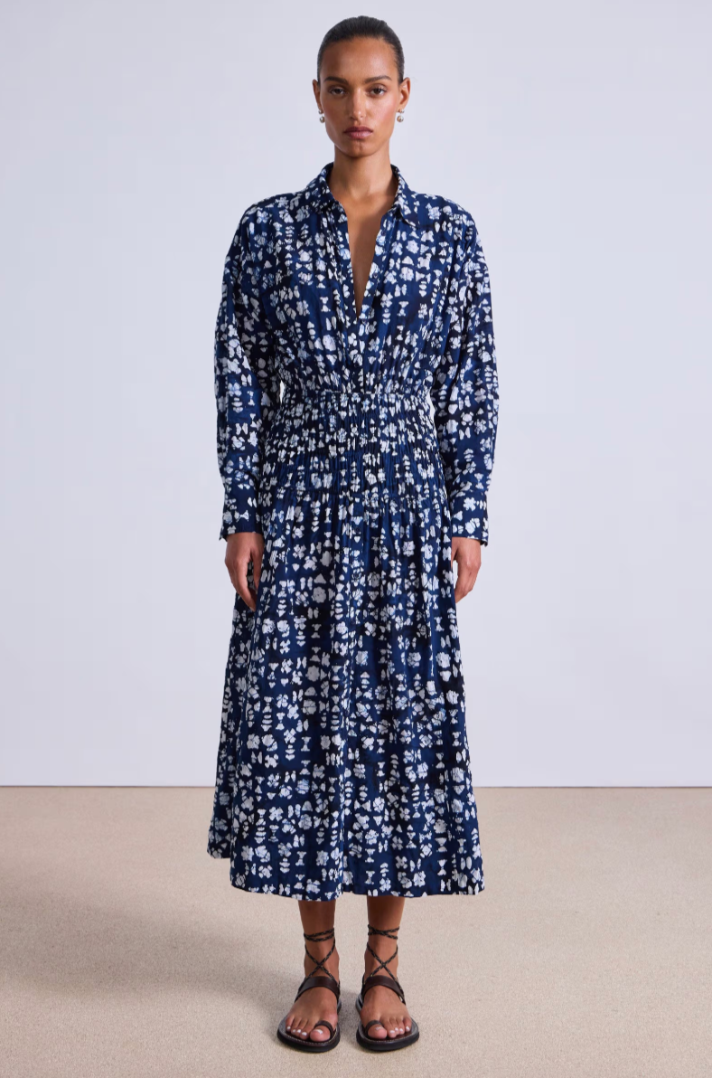 Apiece Apart Sophia Smocked Shirt Dres Batik Geo Indigo