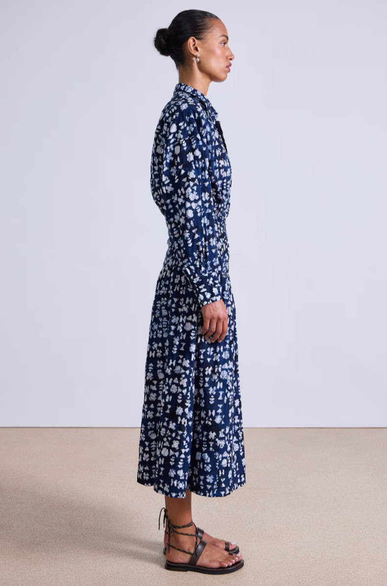 Apiece Apart Sophia Smocked Shirt Dres Batik Geo Indigo