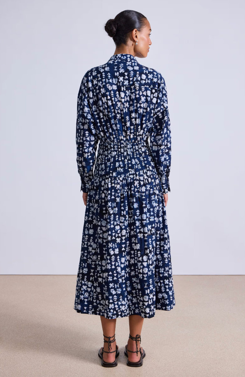 Apiece Apart Sophia Smocked Shirt Dres Batik Geo Indigo