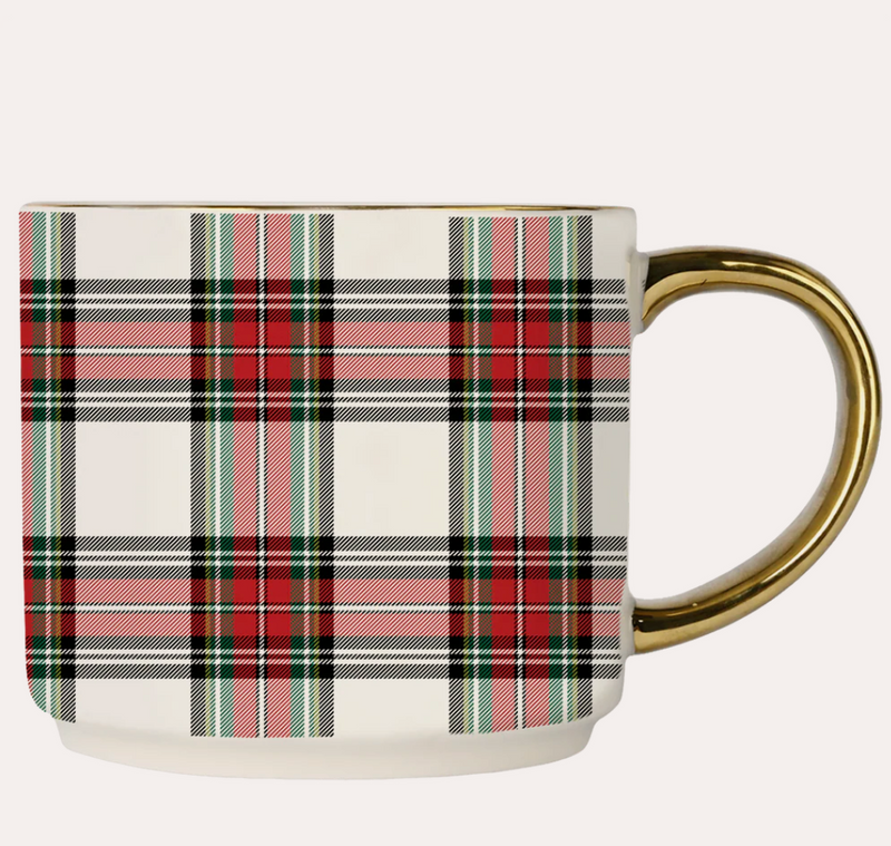 Sweet Water Decor White Plaid 14oz. Gold Handle Coffee Mug