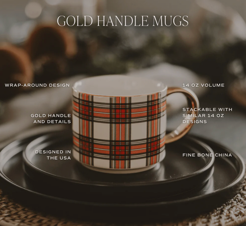Sweet Water Decor White Plaid 14oz. Gold Handle Coffee Mug