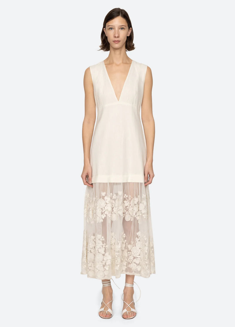 Sea NY Arielle Lace Vneck Mididress Cream