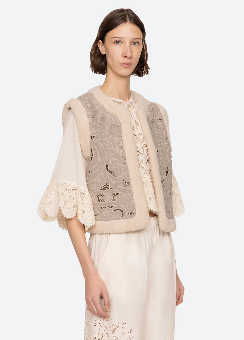 Sea NY Ceci Embroidery Felt Vest Oatmeal