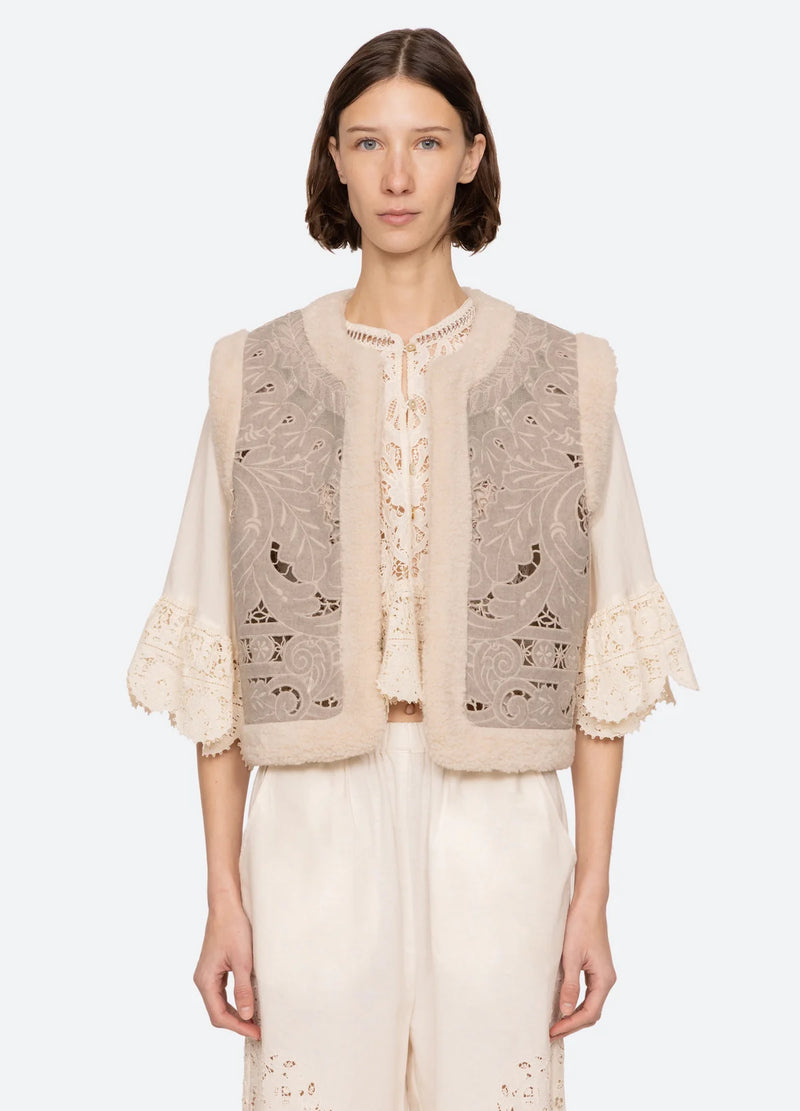 Sea NY Ceci Embroidery Felt Vest Oatmeal