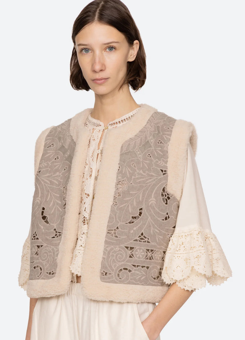 Sea NY Ceci Embroidery Felt Vest Oatmeal