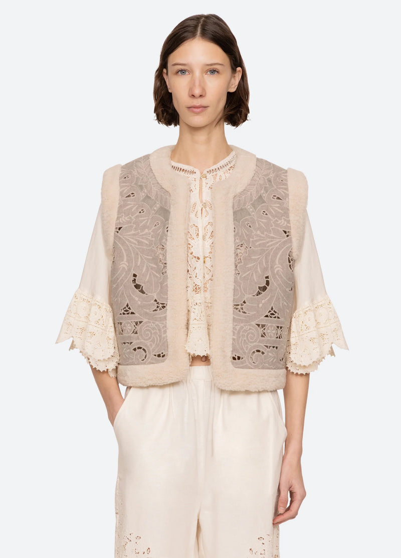 Sea NY Ceci Embroidery Felt Vest Oatmeal