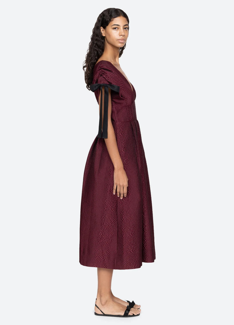 Sea NY Fayetta Embossed Evening Midi Dress Burgundy