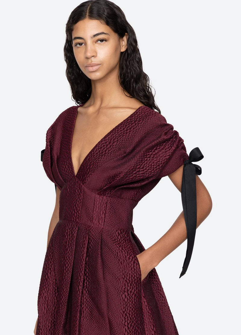 Sea NY Fayetta Embossed Evening Midi Dress Burgundy