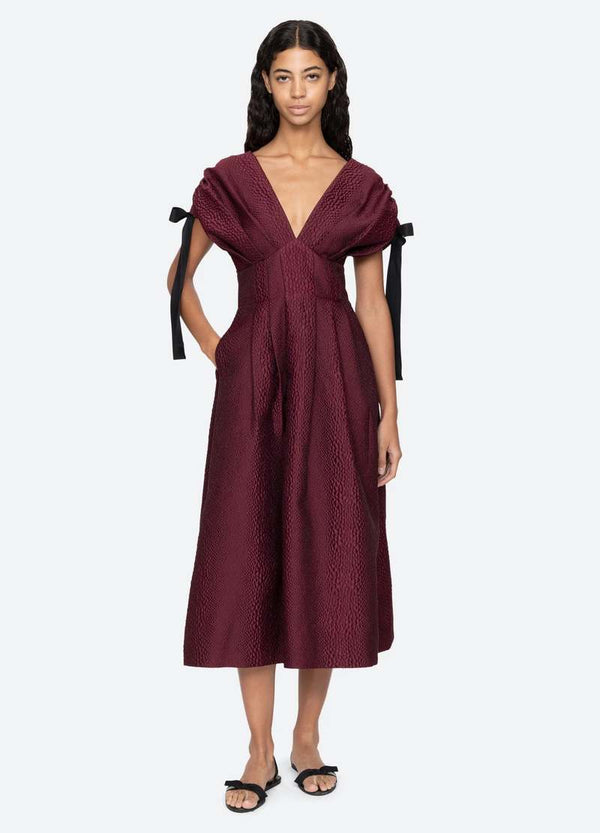 Sea NY Fayetta Embossed Evening Midi Dress Burgundy