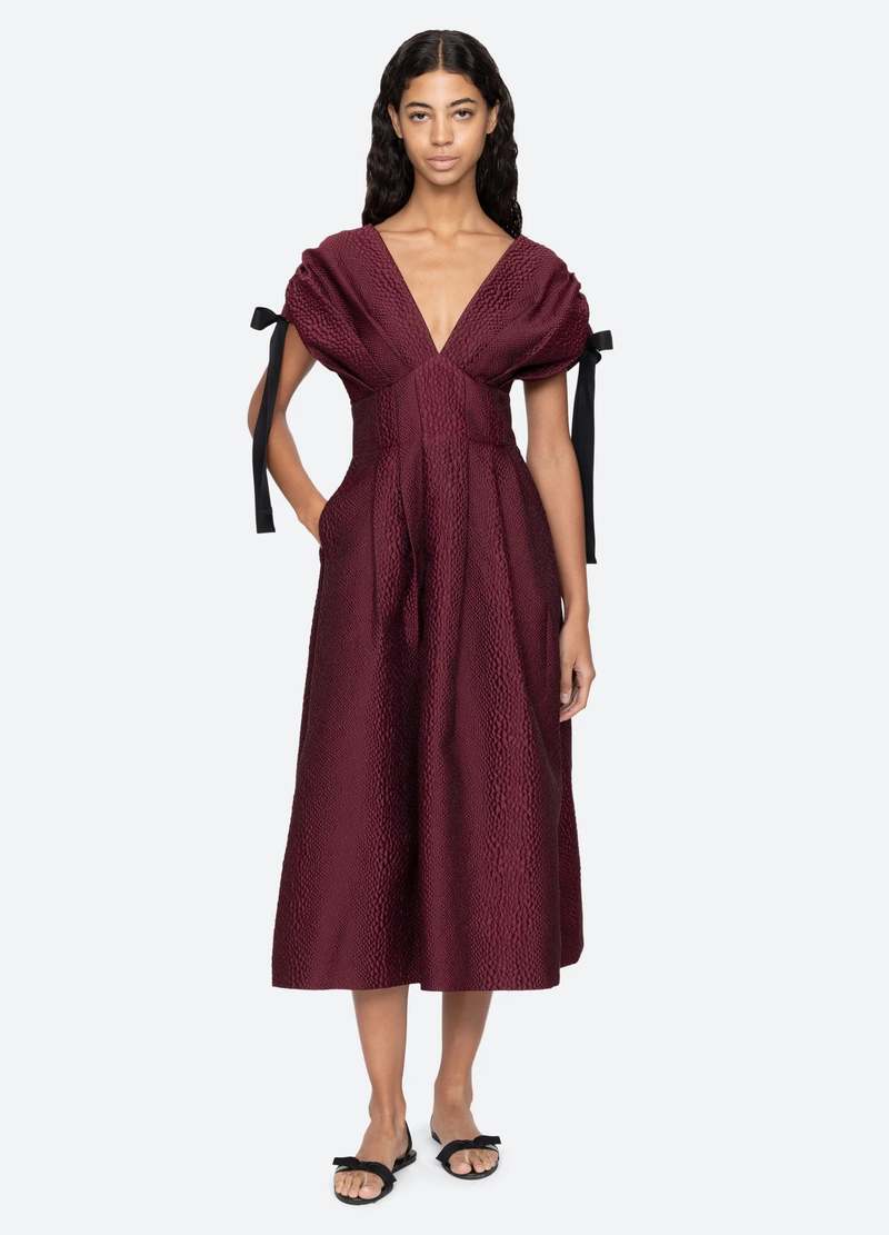 Sea NY Fayetta Embossed Evening Midi Dress Burgundy