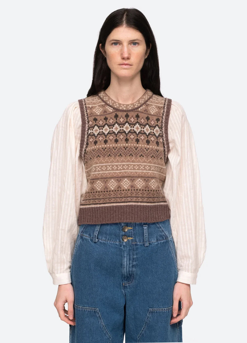 Sea NY Finja Fair Isle L/Slv Combo Top Camel