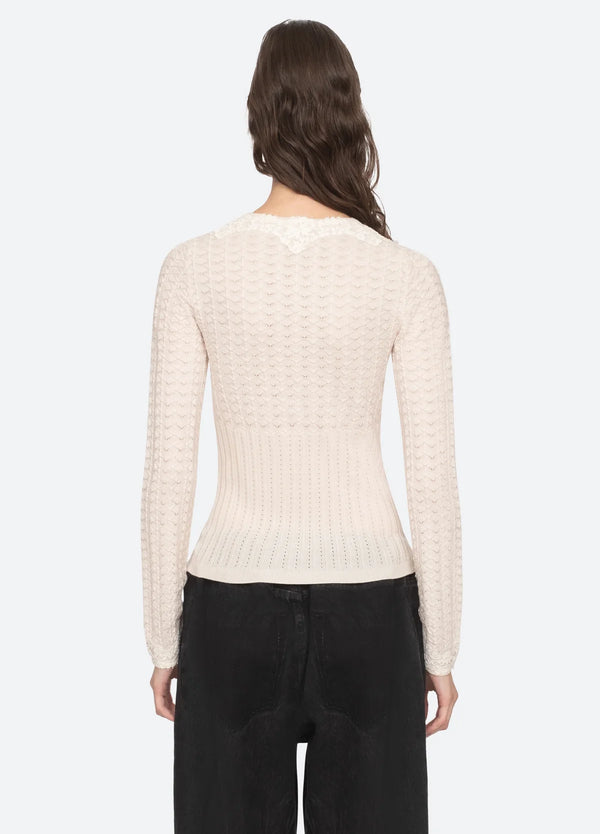 Sea NY Kyra Knit Longsleeve V-Neck Sweater Cream