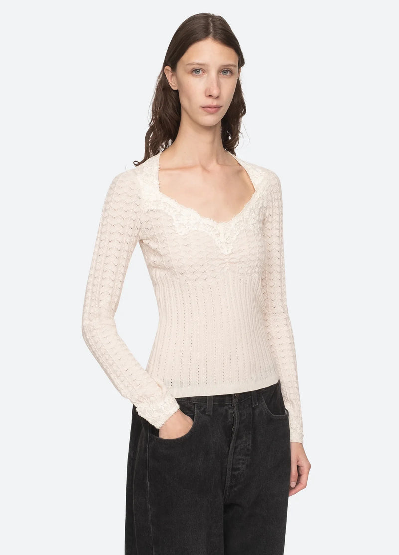 Sea NY Kyra Knit Longsleeve V-Neck Sweater Cream