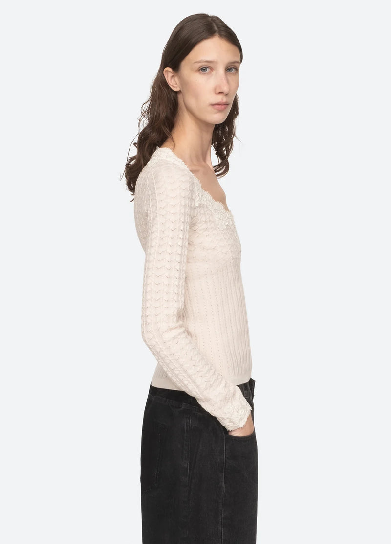 Sea NY Kyra Knit Longsleeve V-Neck Sweater Cream