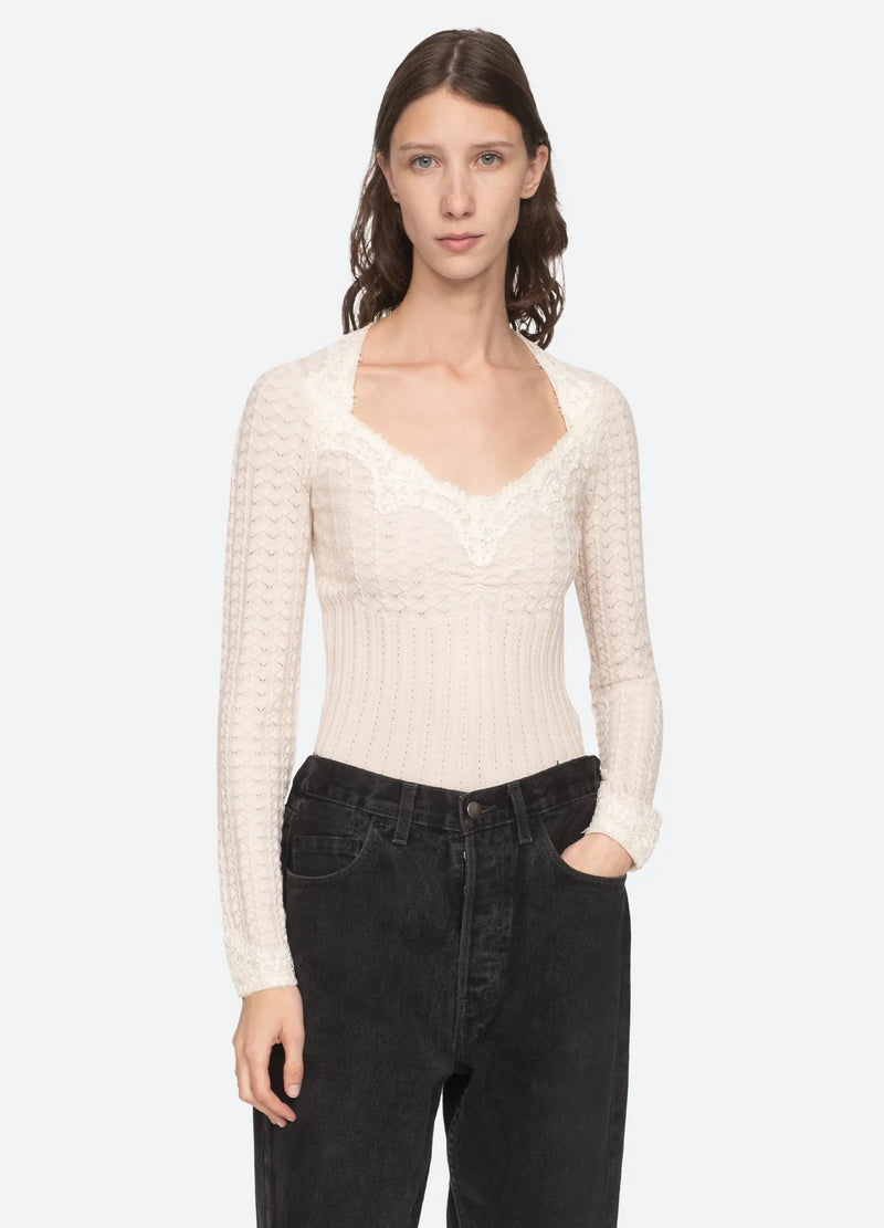 Sea NY Kyra Knit Longsleeve V-Neck Sweater Cream