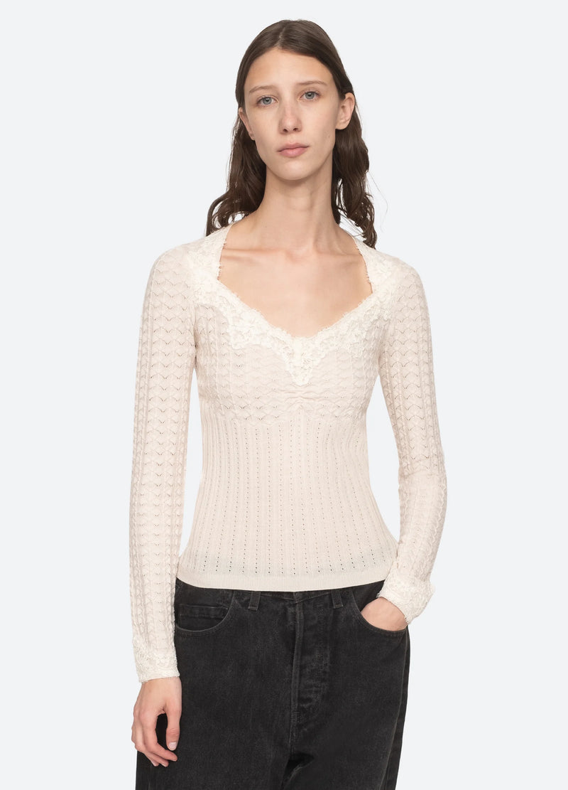 Sea NY Kyra Knit Longsleeve V-Neck Sweater Cream