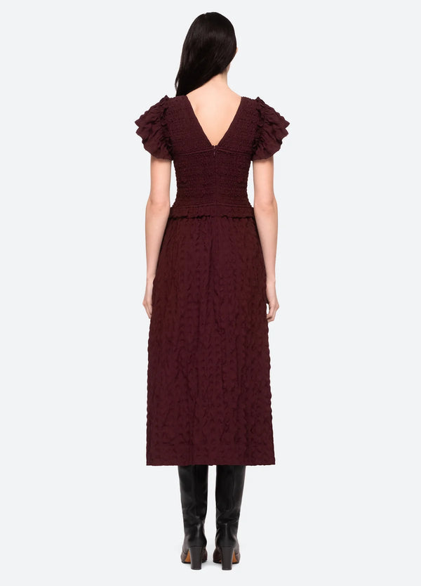 Sea NY Piero Smocked Seersucker Flutter Slv Midi Dress Bordeaux