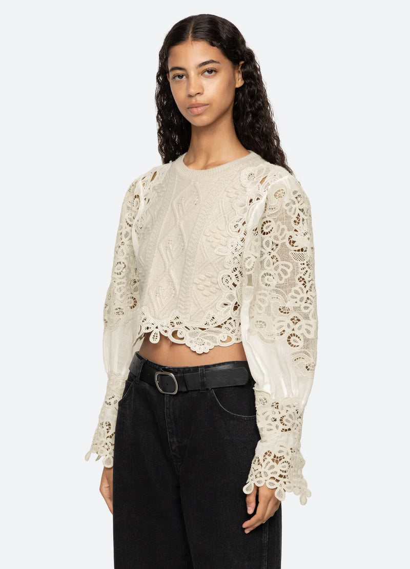 Sea NY Vania Lace Combo Slv Sweater Cream