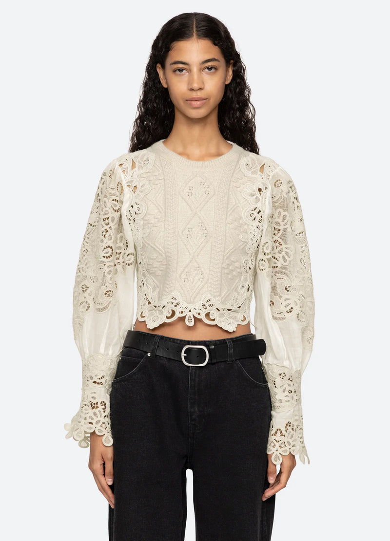 Sea NY Vania Lace Combo Slv Sweater Cream