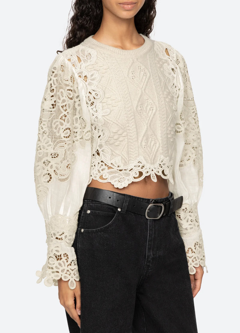 Sea NY Vania Lace Combo Slv Sweater Cream