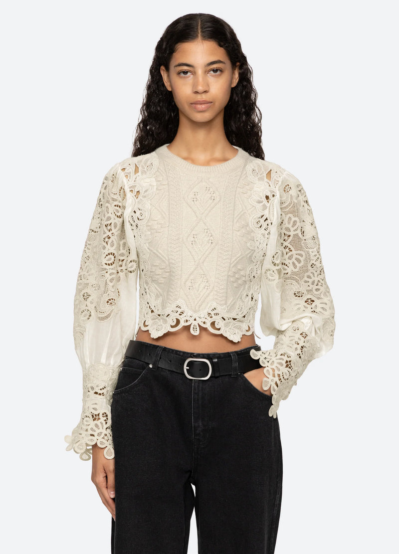 Sea NY Vania Lace Combo Slv Sweater Cream