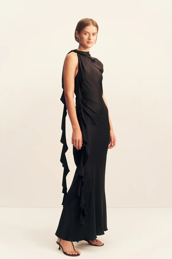 Shona Joy Agnes Draped Ruffle Maxi Dress Black