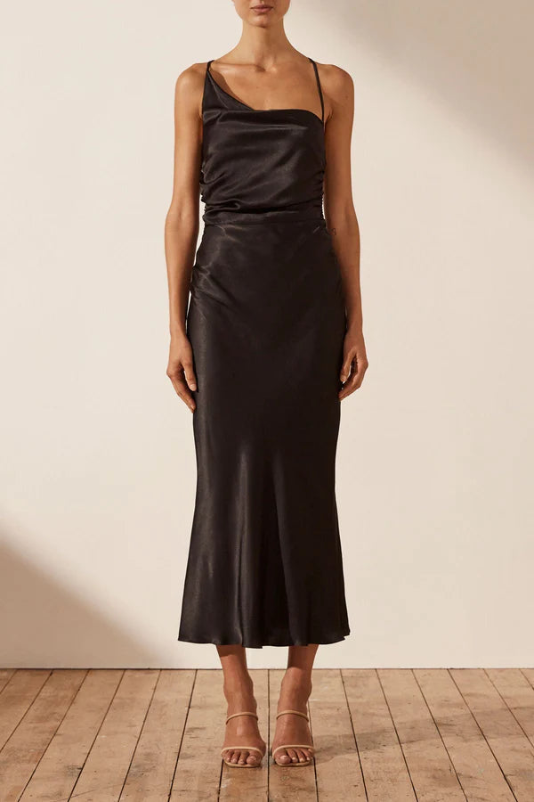 Shona Joy Asymmetrical Midi Dress Black