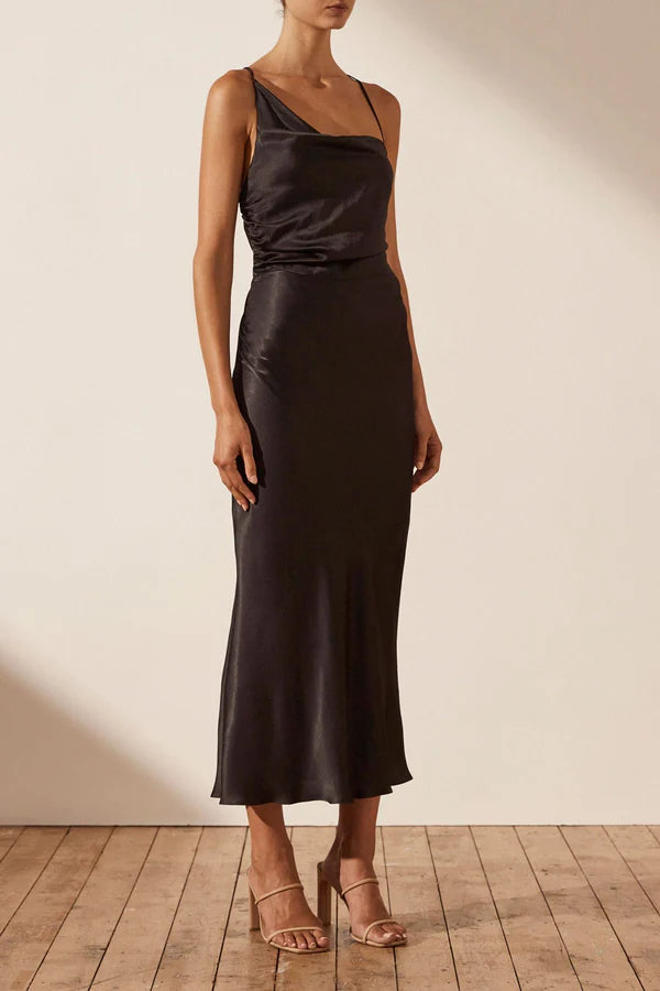 Shona Joy Asymmetrical Midi Dress Black