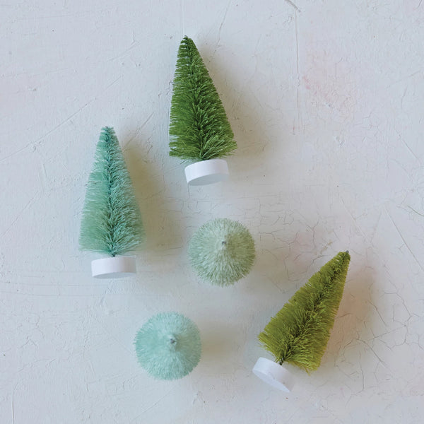 Sisal Bottle Brush Trees w/ Wood Bases, Green & Mint Colors, Boxed Set of 5