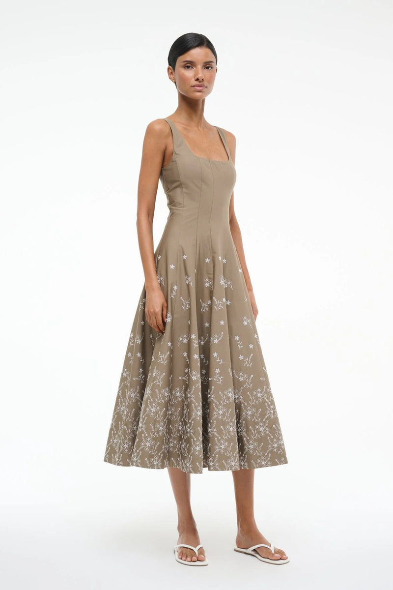 Staud Wells Dress Taupe Embroidery