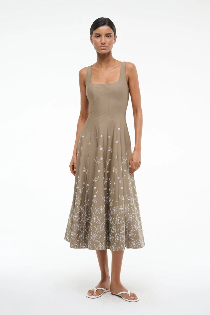 Staud Wells Dress Taupe Embroidery