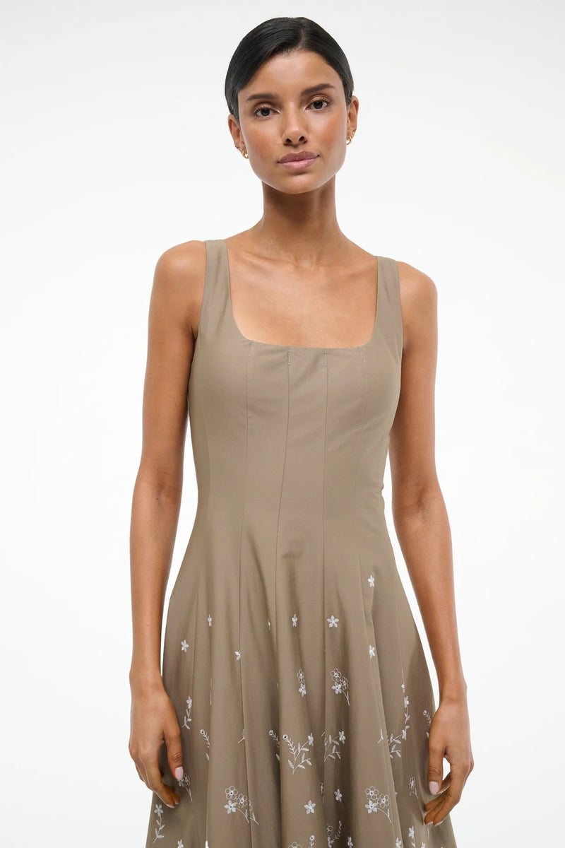 Staud Wells Dress Taupe Embroidery