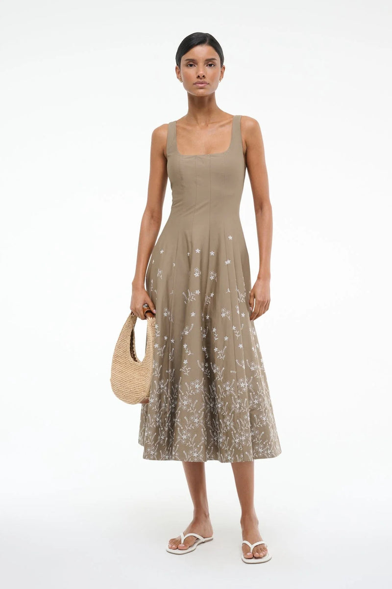 Staud Wells Dress Taupe Embroidery