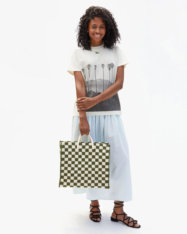Clare V. Summer Simple Tote - Crochet Checker - Olive/Cream