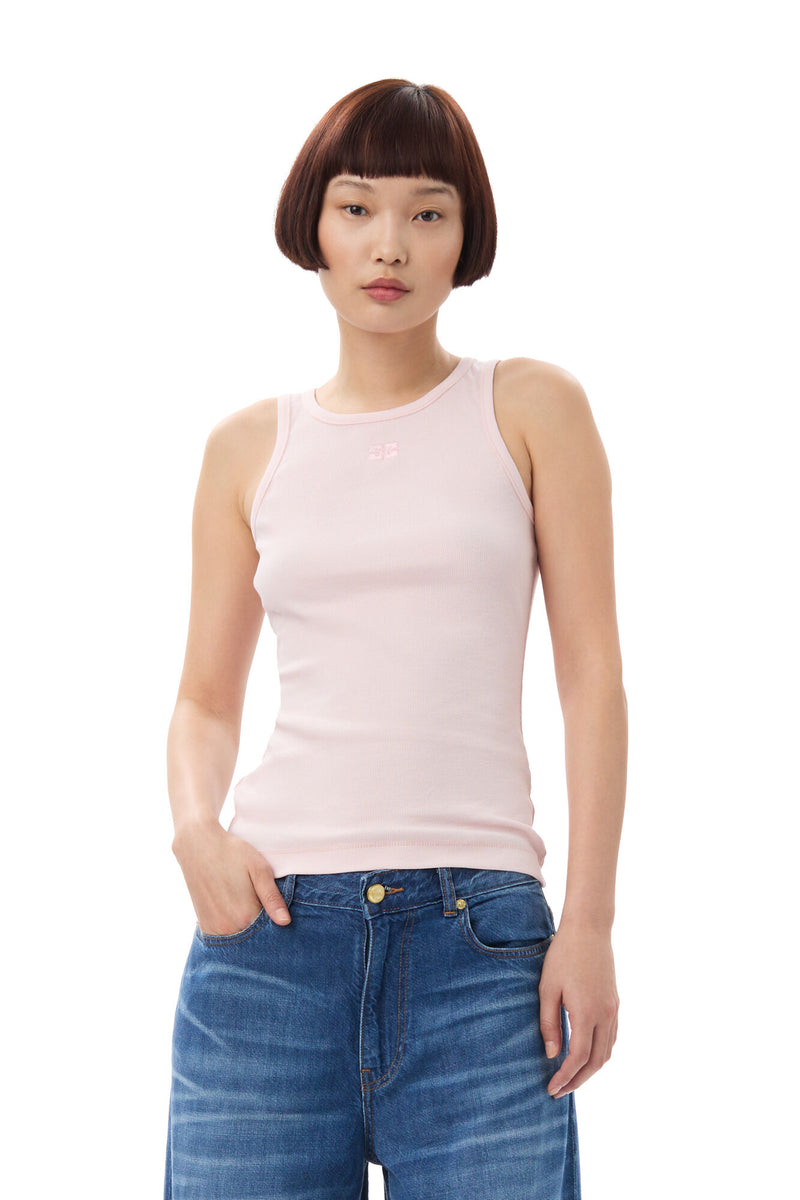 Ganni Soft Cotton Rib Tank Top Chalk Pink