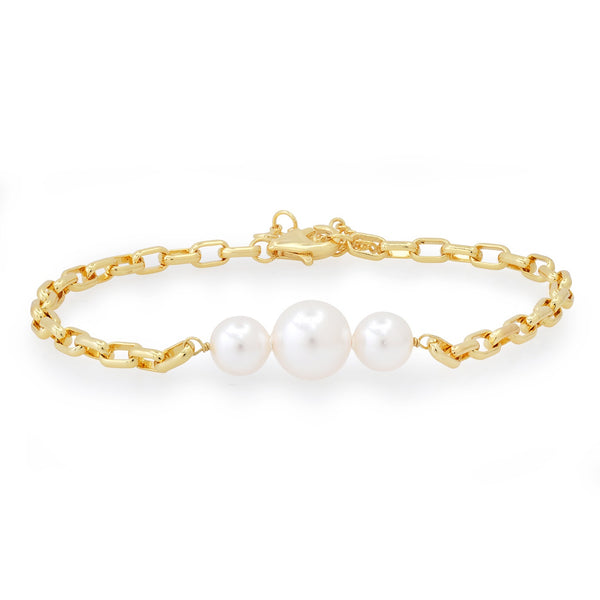 Tai Link bracelet with 3 pearls in the center - 6.5"+1", width chain 3mm, pearl 8mm, 6mm