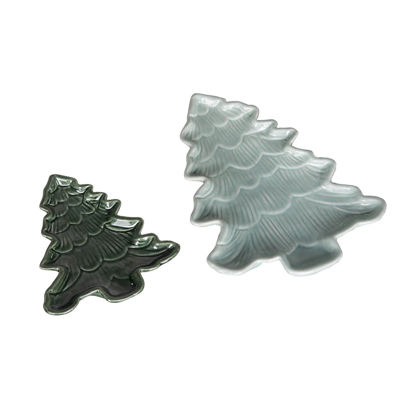 Transpac Cer Iridescent Holiday Tree Plates S/2