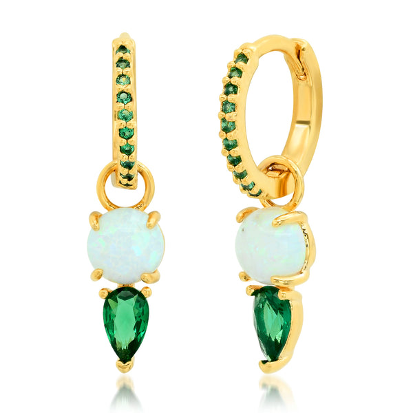 Tai Gold huggie earrings with emerald CZ and opal/ emerald drop