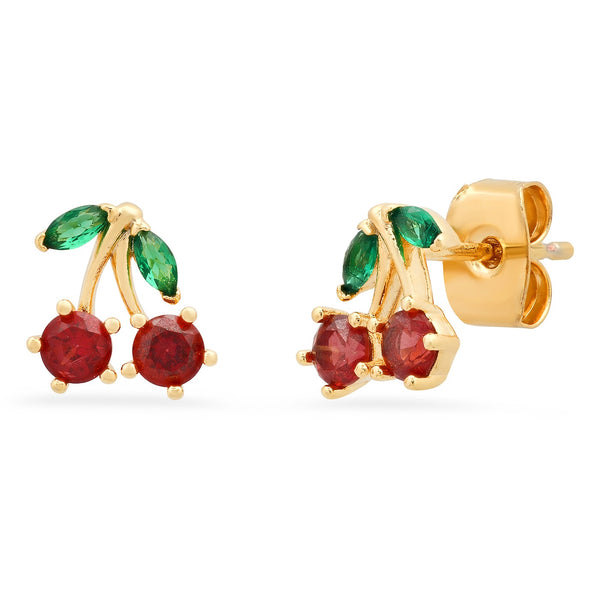 Tai Red CZ cherry earrings with green leaves- (Width: 8mm)