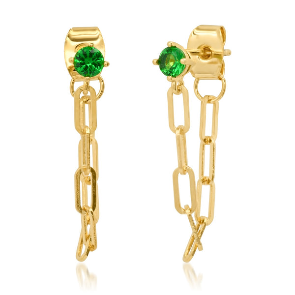 Tai Gold chain wrap earrings with emerald colored CZ post