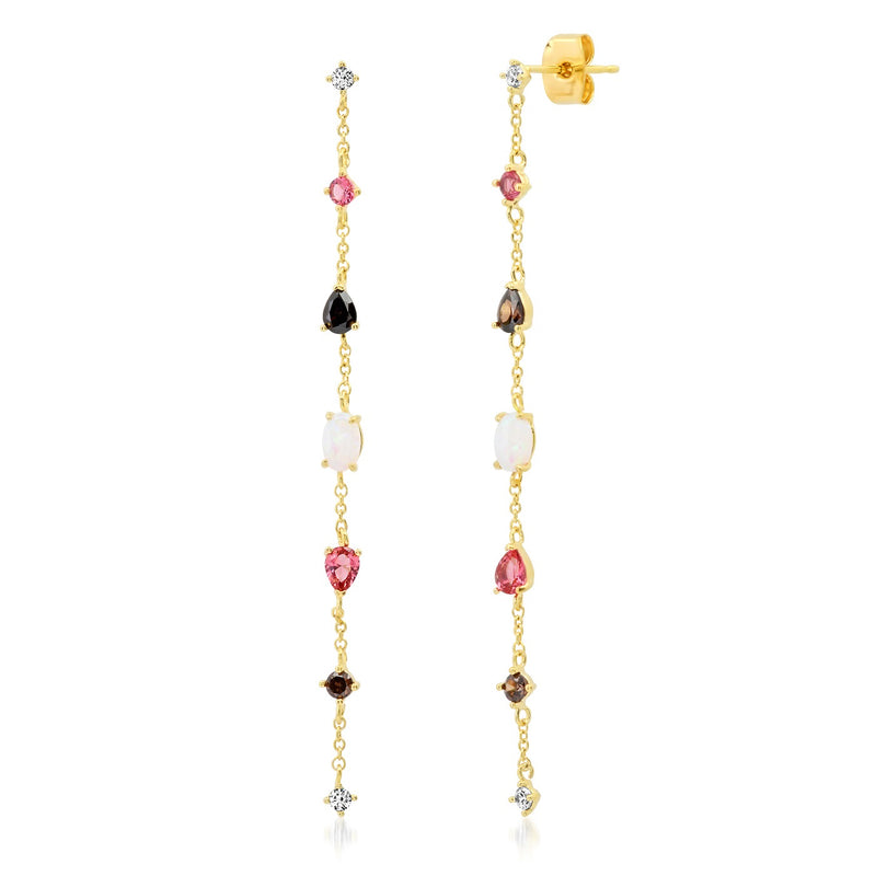 Tai Ear Tapestry Long Chain Stone - Rose - Opal, CZ, Rose Quartz, Smoky Quartz