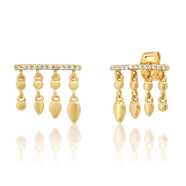 Tai Gold CZ stick post earring with graduated gold double drops