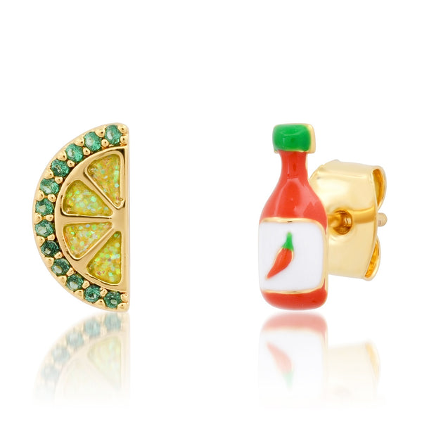 Tai Mixed matched post earrings- chili bottle and lime
