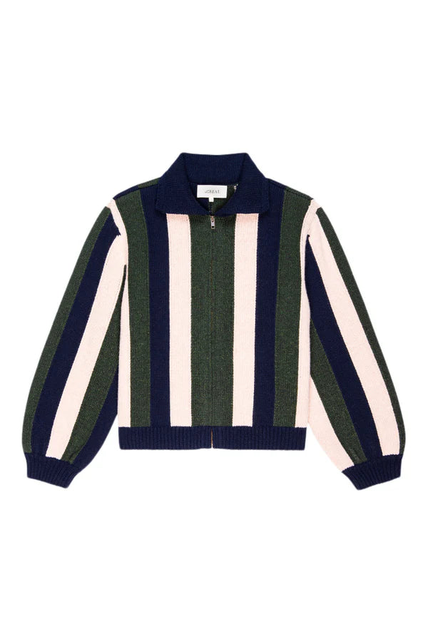 The Great The Zip Front Cardigan Olive Vine Stripe